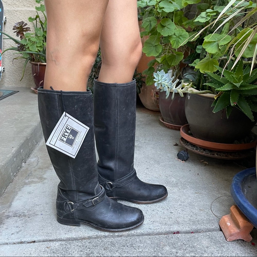 New Black Frye Distressed Leather Riding Boots